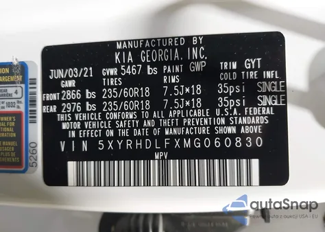 2021 Kia Sorento Ex из США, поврежденный, VIN 5XYRHDLFXMG060830